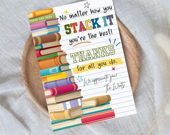 Tarjeta de felicitación para amantes de los libros, tarjeta de agradecimiento para bibliotecarios, etiqueta de regalo para profesores, imprimible para clubes de lectura