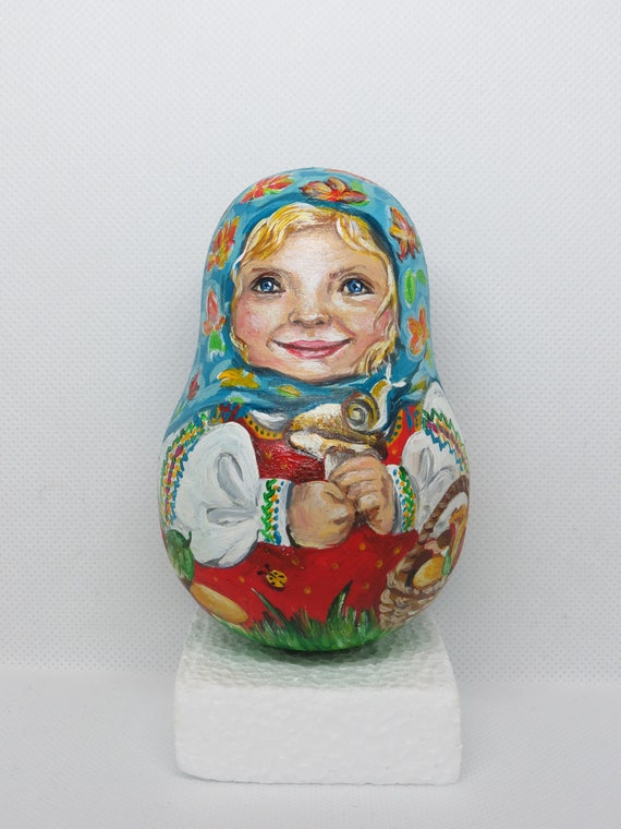 Hand-Painted Russian Nesting Doll Roly Poly Matryoshka winter season"Nevalyashka