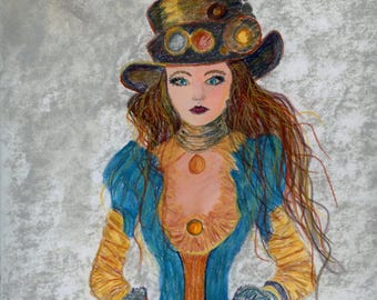 Steampunk Woman Original Pastel Painting, Turquoise & Gold Top Hat Art