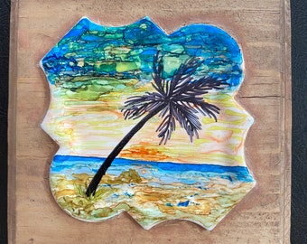 Framed Tile Painting Original Hand Painted Signed Ocean Beach Seascape 3.5x3.5" Curvy Tile in Custom 5x5" Wood Frame Tiny Art Alcohol Ink