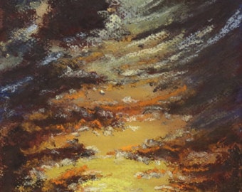 6.75x9 Sun Kissed Clouds signed original pastel one of a kind landscape impressionistic hand painted orange fiery sky sunrise Not a Print