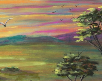 12x4.5 Original hand painted wide format soft pastel, panoramic sunset, birds landscape painting, meadow with trees, pink and purple clouds