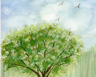 Spring Tree original watercolor one of a kind 9x12 landscape serene peaceful lush trees soaring birds white fluffy clouds hand painted