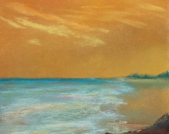 6x9 Handgemalte, originale, leuchtend orangefarbene Sonnenuntergangslandschaft in sanften Pastelltönen. Sanfte Meereswellen, Sandstrand, einzigartiges großes Kunstwerk, Möwenküste