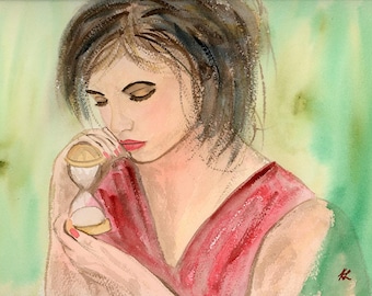 Emotional Introspective Woman Feminine Hourglass Original Watercolor Portrait, Wall Art 12x9