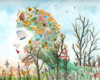 Woman Within Abstract Surrealism Feminine Art | Landscape Original Watercolor 12x9