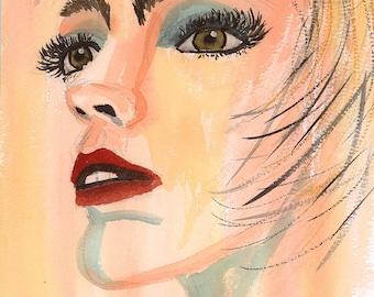 May include: Watercolor portrait of a woman's face, featuring bold red lips, green eyes with long lashes, and teal eyeshadow. The artwork has a soft, warm color palette with a focus on the subject's features and expression.