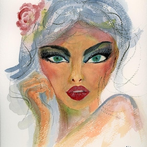 9x12 Original WWII Pinup girl pretty lady hand painted watercolor portrait. Rose in her silver blue hair. Confident sexy woman Wall art deco