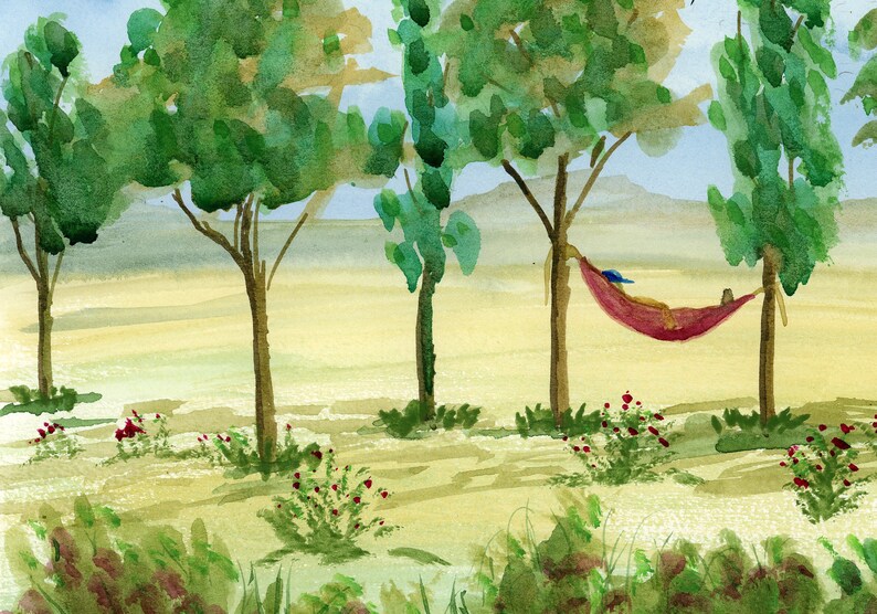 Sunday Nap original watercolor one of a kind 9x12 landscape large trees hammock soaring birds hand painted relaxing serene lazy sleeper