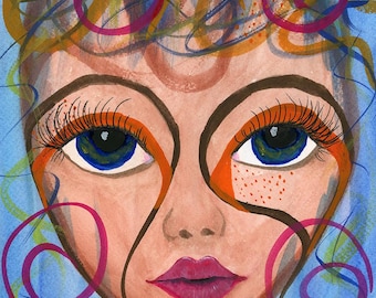 Könnte beinhalten: Ein Aquarellbild eines Gesichts mit großen blauen Augen, orangefarbenem Lidschatten und rosa Lippen. Der Hintergrund ist ein blaues und grünes abstraktes Design mit Wirbeln und Punkten.