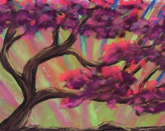 7x5 Original soft pastel floral Cherry Blossom tree one of a kind landscape hand painted tiny art sunrise prism painting bright pink flowers