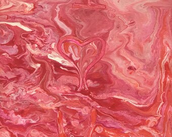 I heart - Love - You Red Pink Abstract Original Poured Acrylic Painting - 8.5x11  Hearts Liquid Dirty Pour Surrealism Marble Art Fluid