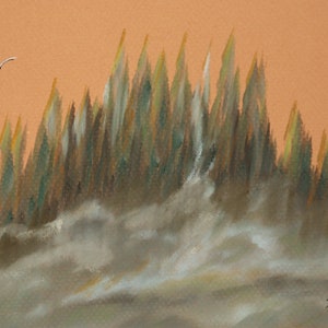 8x6 soft pastel original mountain landscape with low fog, birds, orange sky, tall trees, hand painted, tiny artwork, sunset painting, unique