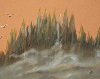 8x6 soft pastel original mountain landscape with low fog, birds, orange sky, tall trees, hand painted, tiny artwork, sunset painting, unique