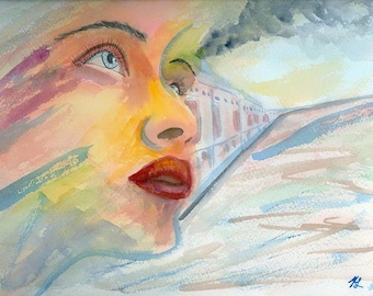 Emotional Introspective Woman Feminine Train Journey Original Watercolor Portrait, Wall Art 12x9