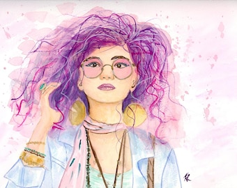 Pink and Purple Haired Woman | Original Watercolor Portrait | Modern Feminine Wall Art 12x9