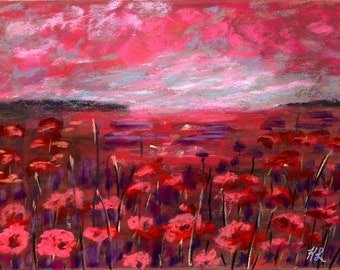 7x9.5 Red field of poppies signed original pastel one of a kind floral hand painted Not a Print original landscape painting wall art red sky