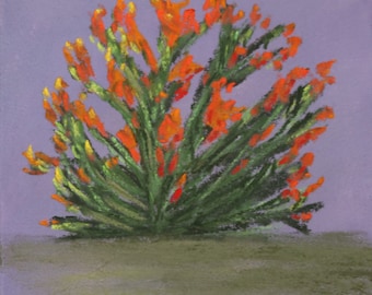 5x7 Original pastel orange flowers green bush on purple background - one of a kind landscape art hand painted not a print - Botanical Print