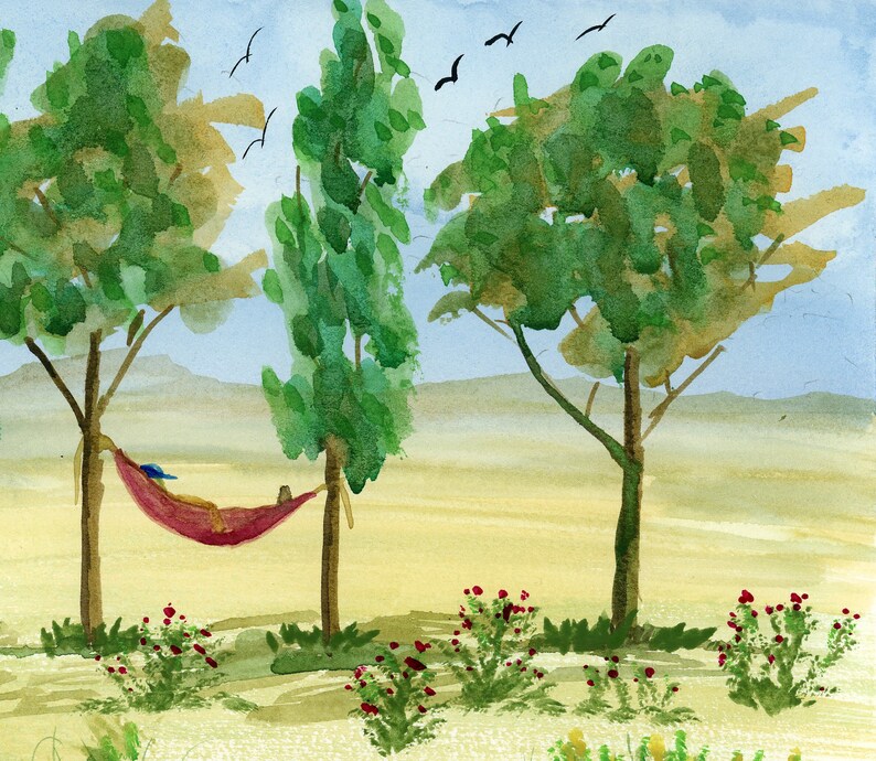 Sunday Nap original watercolor one of a kind 9x12 landscape large trees hammock soaring birds hand painted relaxing serene lazy sleeper