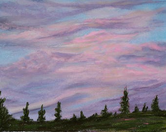 Blushing Sky Pastel Painting: Pink Clouds Landscape Art (13x10)