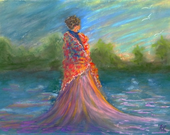 9.5x7 Original pastel with a woman in a pink dress in turquoise water, hand painted, fine art, seascape painting, Singer Sargent style art