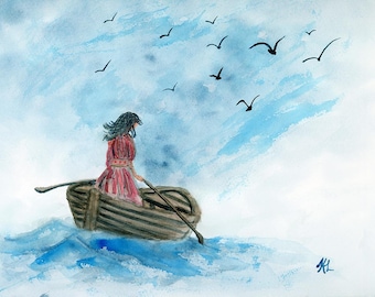 Reflective Seascape Painting, Woman on Water Art, Original Watercolor Decor, 12x9