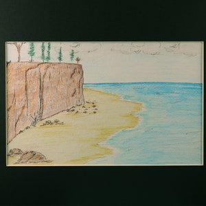 9x6 Original The Cliffs in 11.5x5 black mat. Hand Painted Line and Wash Watercolor and Ink Ocean Seascape Rocks Not A Not Print Sketchy Art