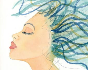May include: Watercolor illustration of a woman's profile with closed eyes and flowing hair. The hair is depicted with blue and green brushstrokes, creating a sense of movement and serenity. The woman's skin is a soft peach color.