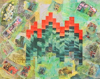 Abstracte kuifgolfcollage: schilderij met gemengde techniek (20 x 16)