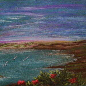 7.5x5 Original soft pastel harbor with a pink sunrise one of a kind seascape hand painted tiny art red flowers, beach, seagulls, ocean waves