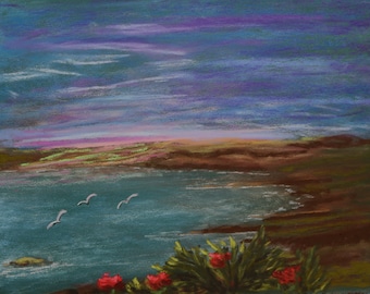 7.5x5 Original soft pastel harbor with a pink sunrise one of a kind seascape hand painted tiny art red flowers, beach, seagulls, ocean waves
