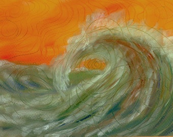 8x6 Original pastel with an orange sky, and a crashing wave, hand painted, fine art, seascape painting, Van Gogh inspired swirls etched in