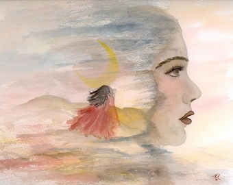 Emotional Surreal Introspective Woman Feminine Original Watercolor Portrait, Wall Art 12x9