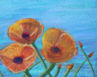 6.25x5 Original pastel with orange poppy flowers and a bright blue sky, hand painted, fine art, floral landscape painting, flowers, nature