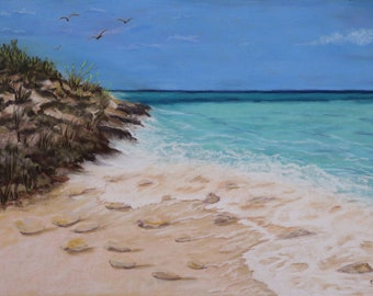 17.5x25.5 Sandy Pebbles fine art Caribbean impressionistic pastel art original seascape painting turquoise ocean Turks and Caicos vacation