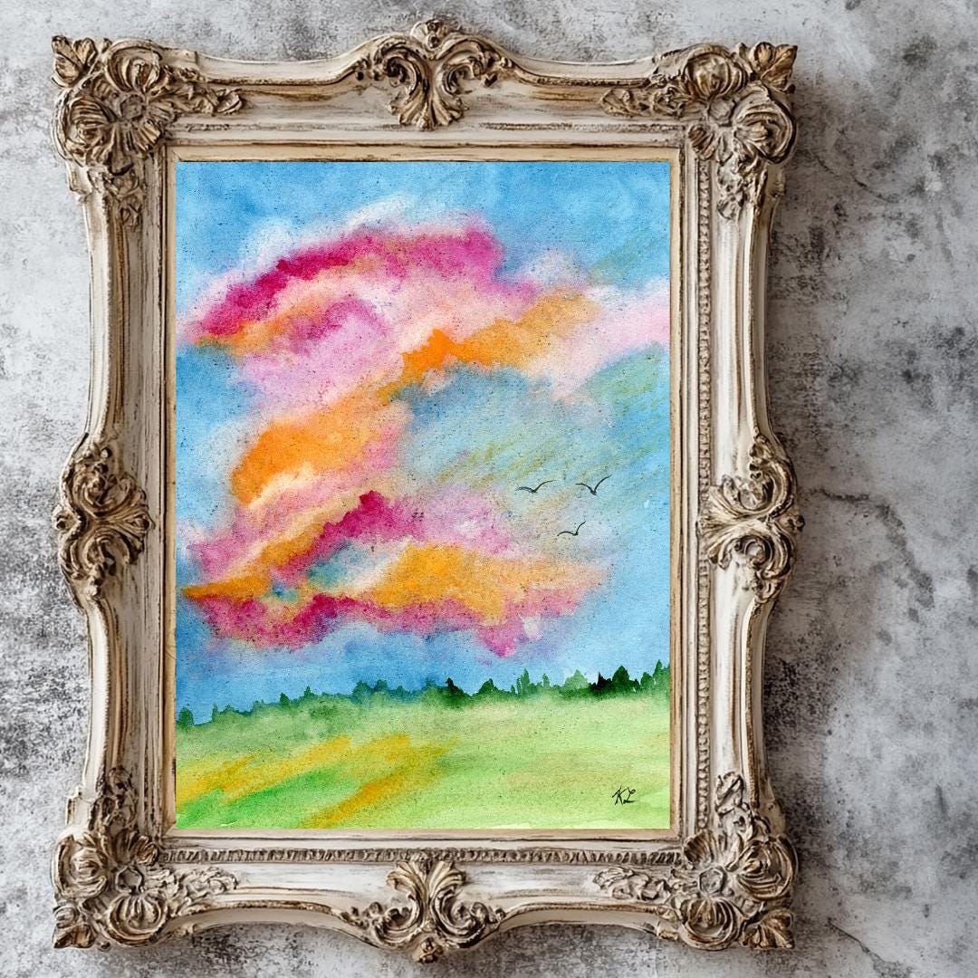 ピンクの雲の水彩画：オリジナルサイン入り風景画（8x10） - Etsy 日本