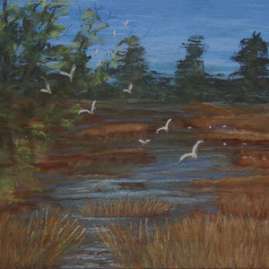 May include: A pastel painting of a marsh landscape with a blue sky and white birds flying over a brown and green marsh. The marsh is filled with tall grasses and reeds.