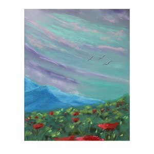 6x9 Original soft pastel hand painted red poppies in a field. Mountains, purple and pink sky, unique artwork, flowers in a meadow floral art