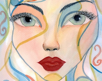 Art Deco Romantic Woman Feminine Original Watercolor Portrait, Wall Art 8x10