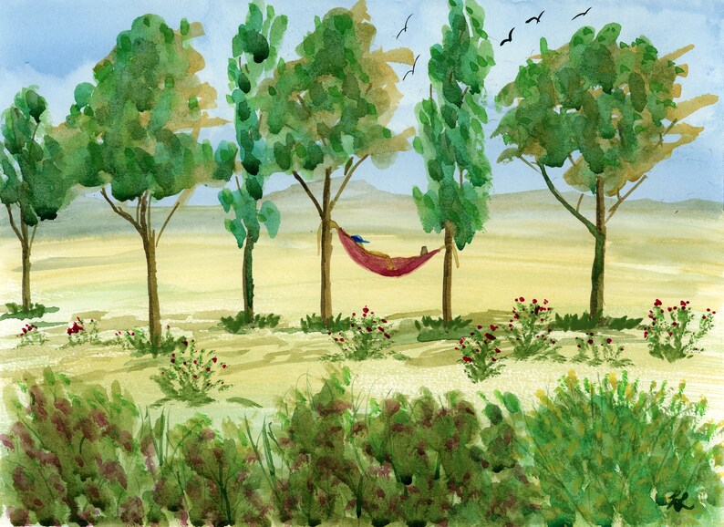 Sunday Nap original watercolor one of a kind 9x12 landscape large trees hammock soaring birds hand painted relaxing serene lazy sleeper
