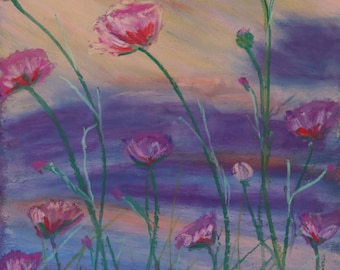 6x9 Oil pastel hand painted original pink poppies in a field.  Tall flowers, rainbow sky, unique artwork, flowers in a meadow, floral art