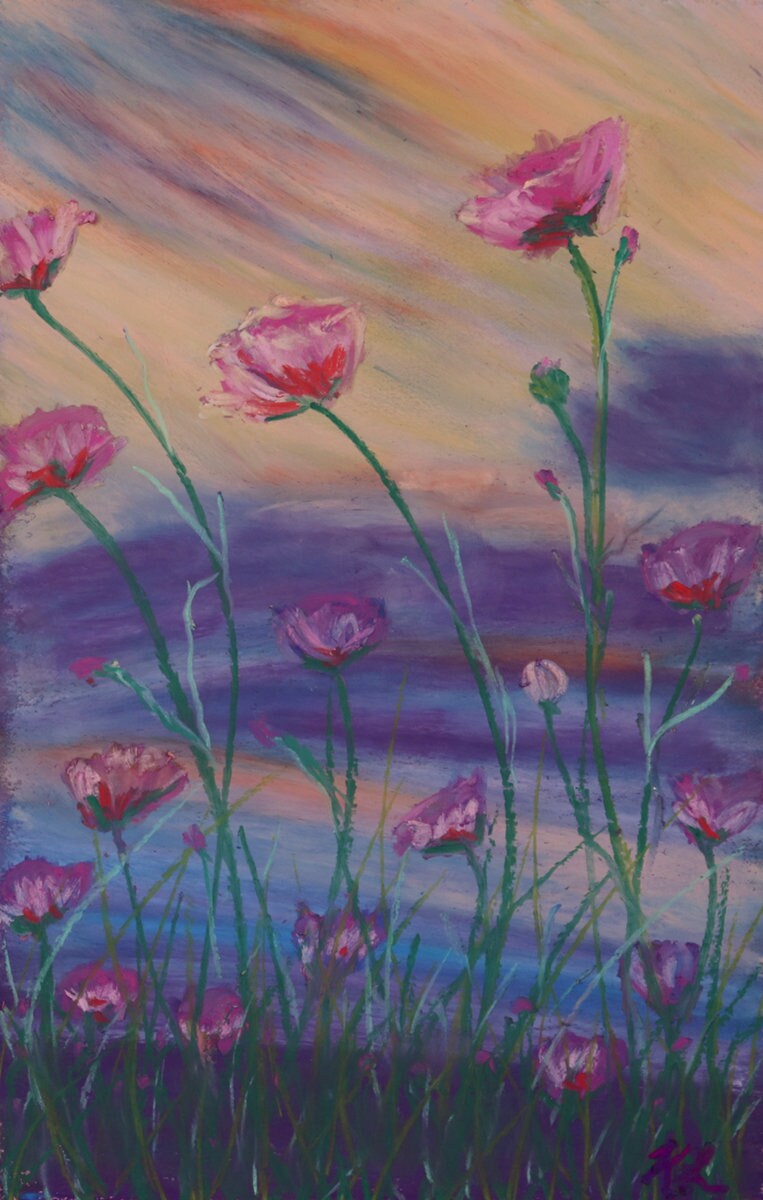 ピンクのポピーのオイルパステル画：オリジナルの花の草原アート（6x9