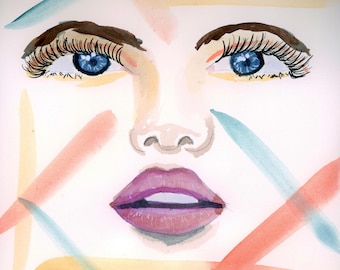 Electric Calm | Original Watercolor Portrait | Contemporary Face Painting Blue Mat