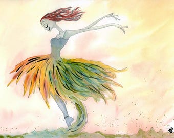 Macabre Art Corpse Water Fairy Original Colorful Watercolor 12x9 Ghost Girl