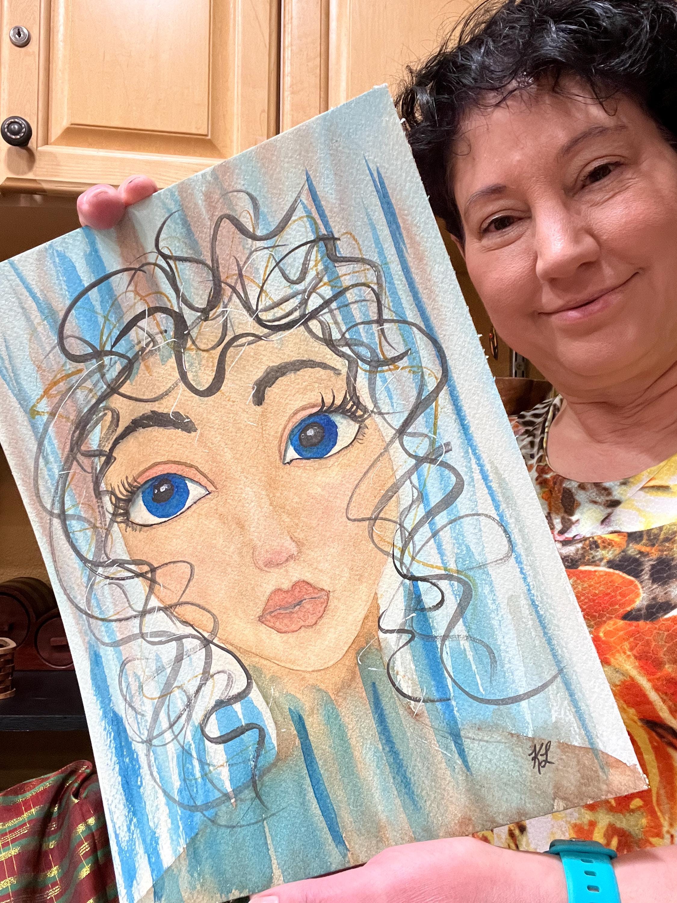 気まぐれな水彩画のオリジナル少女肖像画、夢のような女性的な抽象画