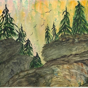 16x12 Original Sunrise Cliffs signed watercolor landscape hand painted rocks pine trees abstract sky rocky ledge flying birds Not a Print