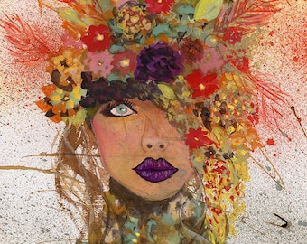 Lady of the Bloom | Floral Woman Portrait | Original Mixed Media Steampunk Painting 9x12