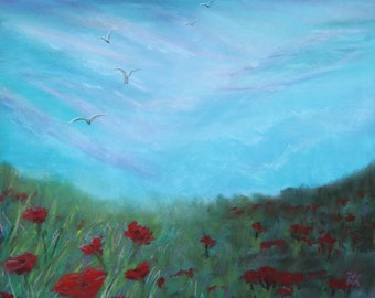 12x9 Field of poppies signed original pastel one of a kind floral hand painted original landscape painting wall art wings of hope birds pink