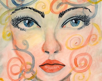 Original Watercolor Portrait on Claybord Panel | Abstract Woman Painting | "Spirals of Her Mind" 8x8
