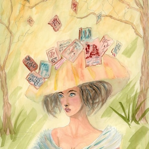 May include: Watercolor painting of a woman wearing a large, yellow hat adorned with floating papers. She is dressed in a pink and white gown, holding a book. The background features trees and a soft, yellow-green color palette.